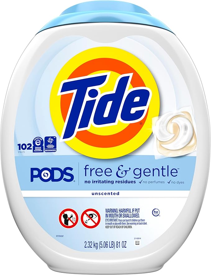 Tide PODS Free & Gentle Laundry Detergent Soap Pacs, 102 Count, Tide PODS Laundry Detergent, Laundry Detergent Pacs, Laundry PODS Detergent