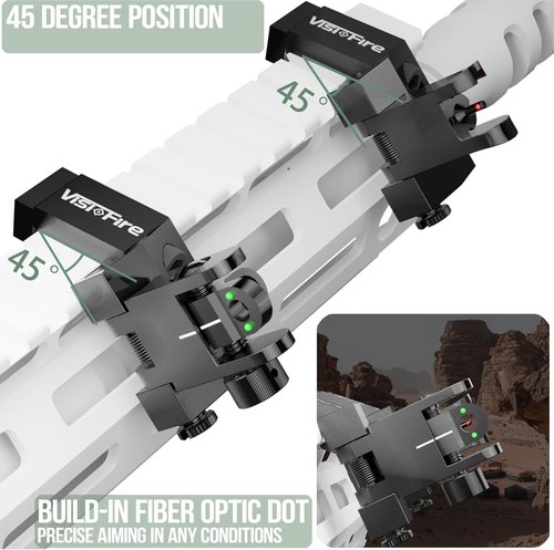 Classic 45 Degree Offset Iron Sights - Tool-Free Adjustable Flip Up Fiber Optic with Red & Green Dots