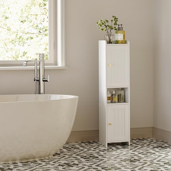 Bathroom Cabinet with 2 Doors, 7.3 x 9.8 x 40.4 Inches, Small Freestanding Storage Cabinet with Adjustable Shelf, Floor Cabinet for Small Spaces, Bathroom, Entrances, Kitchen, White