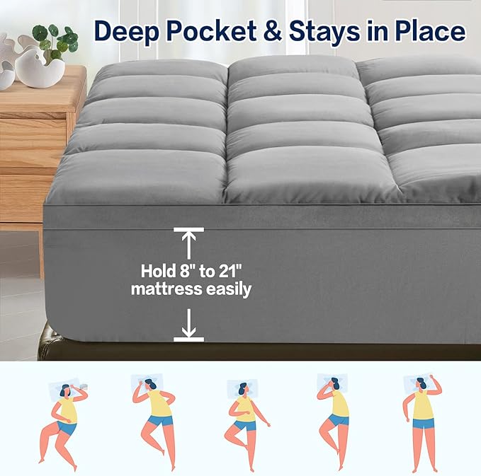 SOPAT Mattress Topper Twin Size Extra Thick Mattress Pad 8-21" Deep Pocket Soft Down Alternative Fill Mattress Protector Pillow Top Mattress Cover (39x75 Inches, Grey)