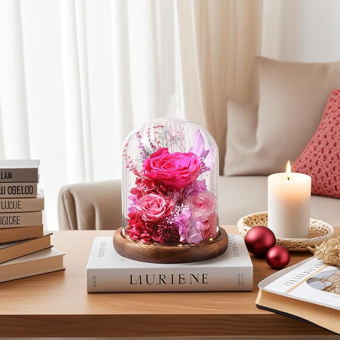 Flowers for Delivery Prime Preserved Flowers with LED Light in a Glass Dome,Long Lasting Real Roses Birthday Gifts for Women Daughter Mom Wife Friend（Reddish Rose）