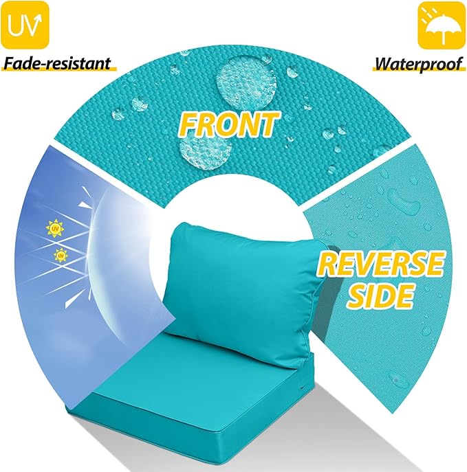AAAAAcessories Outdoor Seat Cushions for Chairs, Fade-Resistant, Waterproof Patio Furniture Replacement Cushions, 22" x 22" x 3" + 22" x 17", Turquoise Blue