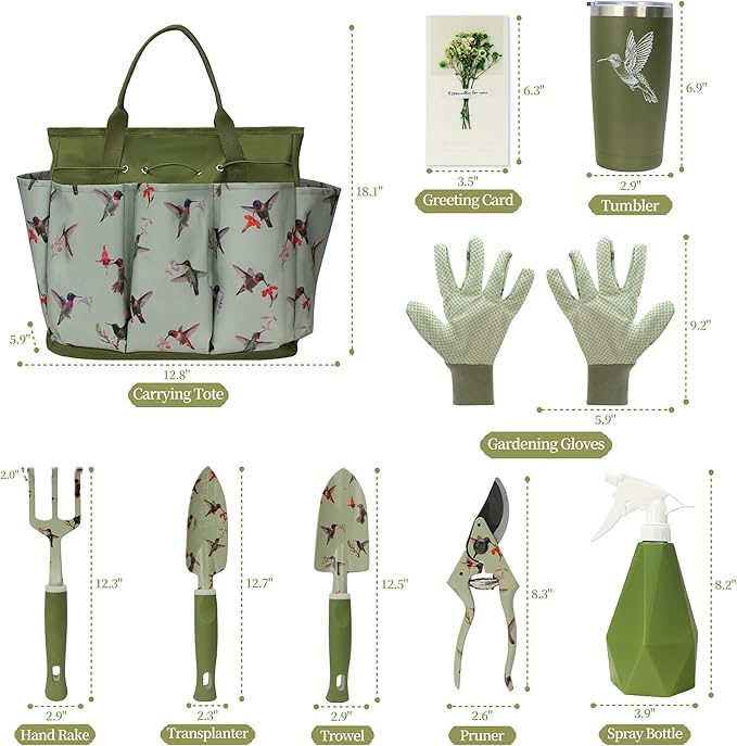 Garden Tool Set with Hummingbird Print, Heavy Duty Gardening Hand Tools with Garden Tool Bag,Gardening Gifts for Women&Men,Green