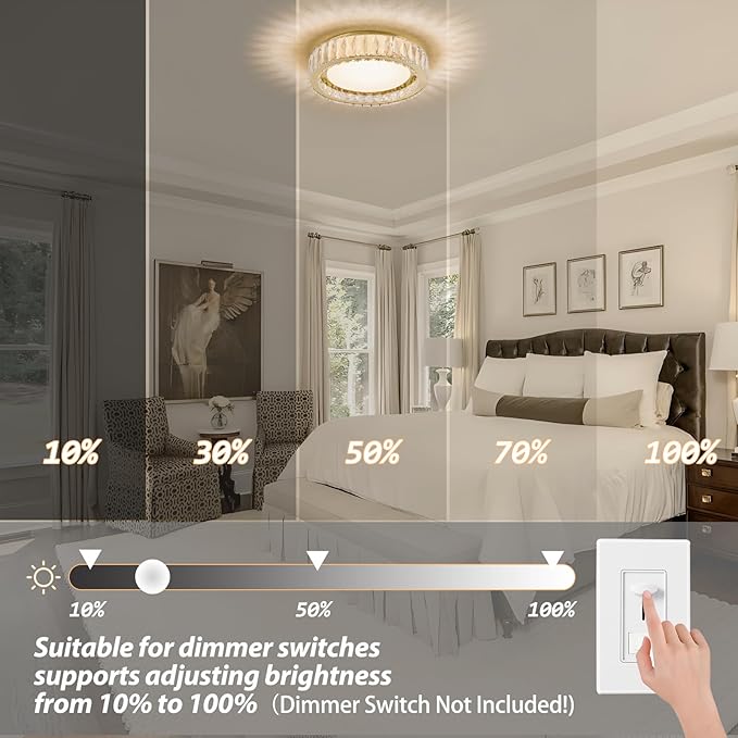 15 Inch Gold Modern Crystal Flush Mount Chandelier,Large Dimmable LED 5CCT 3000K-6000K 36W Round Close to Ceiling Lighting Fixtures for Dining Room,Kitchen,Living Room,Bedroom