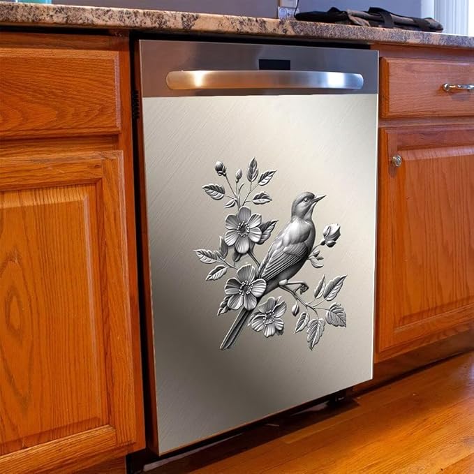Dishwasher Magnet Cover Sticker,Stainless Steel Style Bird and Flower Pattern Magnetic Refrigerator Panel Decal Magnets Kitchen Decor Sticker Fridge Magnets Panel,23W x 26H inchs