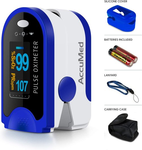 AccuMed CMS-50D Fingertip Pulse Oximeter - Blood Oxygen Monitor with Carrying Case & Lanyard (Blue)