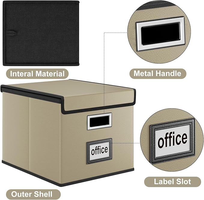 Huolewa File Organizer Boxes with Lids, Collapsible Faux Leather Hanging File Folder Box Organizer with Plastic Slide, Decorative Home/Office Filing System Boxes for File and Folders Storage