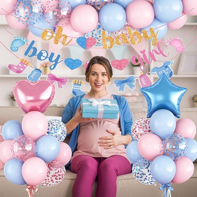 Gender Reveal Decorations Pink Blue Boys or Girls Balloon Set with Star Heart Foil Confetti Balloons Oh Baby Bunting Banner Socks Bottle Paper Garland Pastel Pink Blue Baby Shower Party Decor Kit