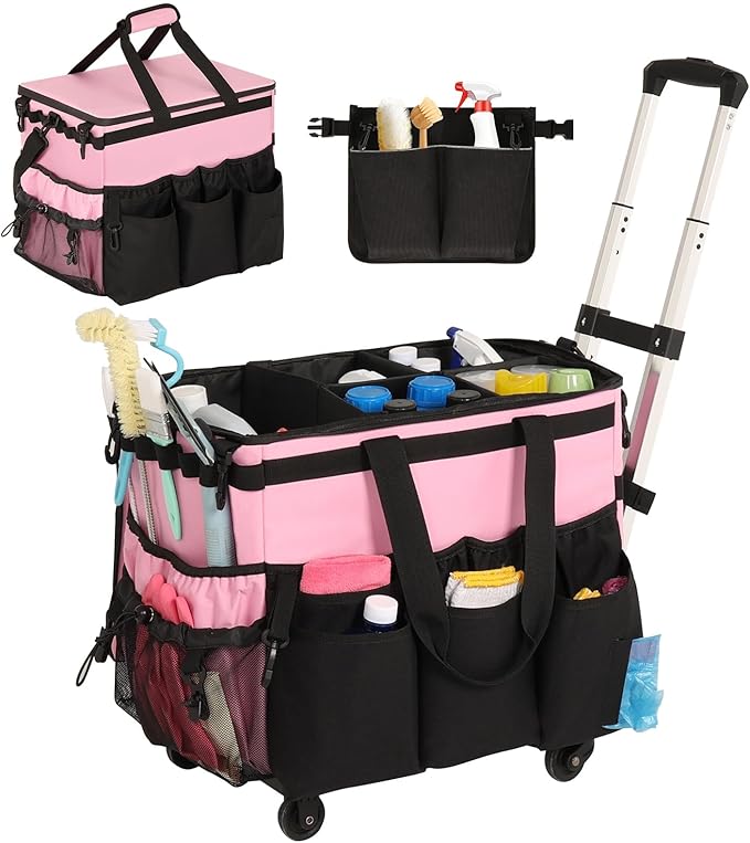 Rolling Cleaning Caddy, Cleaning Supplies Organizer with Cleaning Caddy Apron, Large Cleaning Caddy Bag with Detachable Trolley, Handles and Shoulder Strap for Cleaners Housekeepers, Pink
