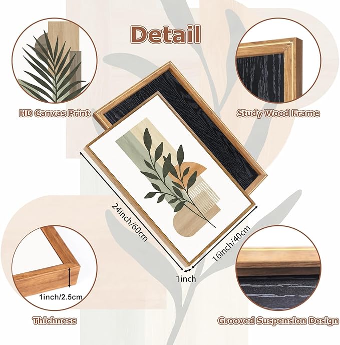 CHDITB Boho Botanical Geometric Framed Canvas Wall Art Set, Abstract Plant Figure Wall Decor, Sage Green Terracotta Wall Painting, Modern Minimalist Art Prints for Living Room Bedroom Office 16"x24"x3