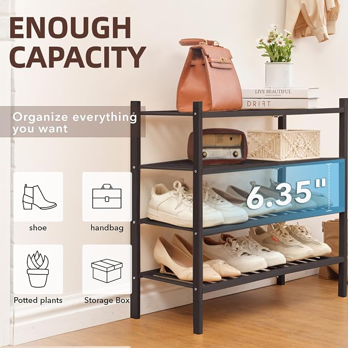 4 Tier Bamboo Shoe Rack Storage Organizer for Closet, Multifunctional Stackable Free Standing Shoe Shelf Organizer for Small Space,Entryway, Hallway, Bathroom27 x11 x26 (Brown, 4 Tier)