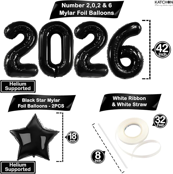 Katchon, Black Giant 2026 Balloons - 42 Inch, Happy New Year Decorations 2026 | New Year 2026 Balloons, 2026 Happy New Year Party Decorations | 2026 Black Balloons