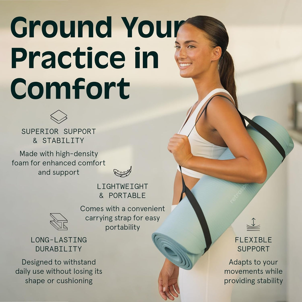 Retrospec Solana Yoga Mat - 1" Thick Non-Slip Exercise Mat with Nylon Strap for Home Workouts | Ideal for Yoga, Pilates, Stretching
