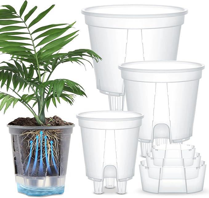 Wonderjune Self Watering Pots for Indoor Plants with Deep Reservoir and High Drainage Holes for Outdoor Plants and Flowers, Bare Root Planter(4.72'', 5.91'', 7.09'',Clear,3 Pcs)
