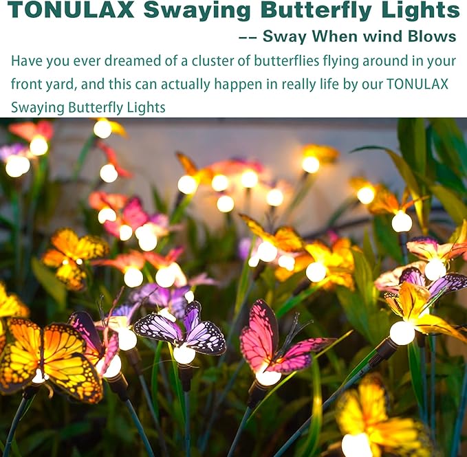 TONULAX Solar Garden Lights - 4 Pack Swaying Butterfly Light, Swaying in The Wind, Solar Outdoor Lights, Yard Patio Pathway Decoration, High Flexibility Iron Wire & Realistic Butterflies(4 Pack)