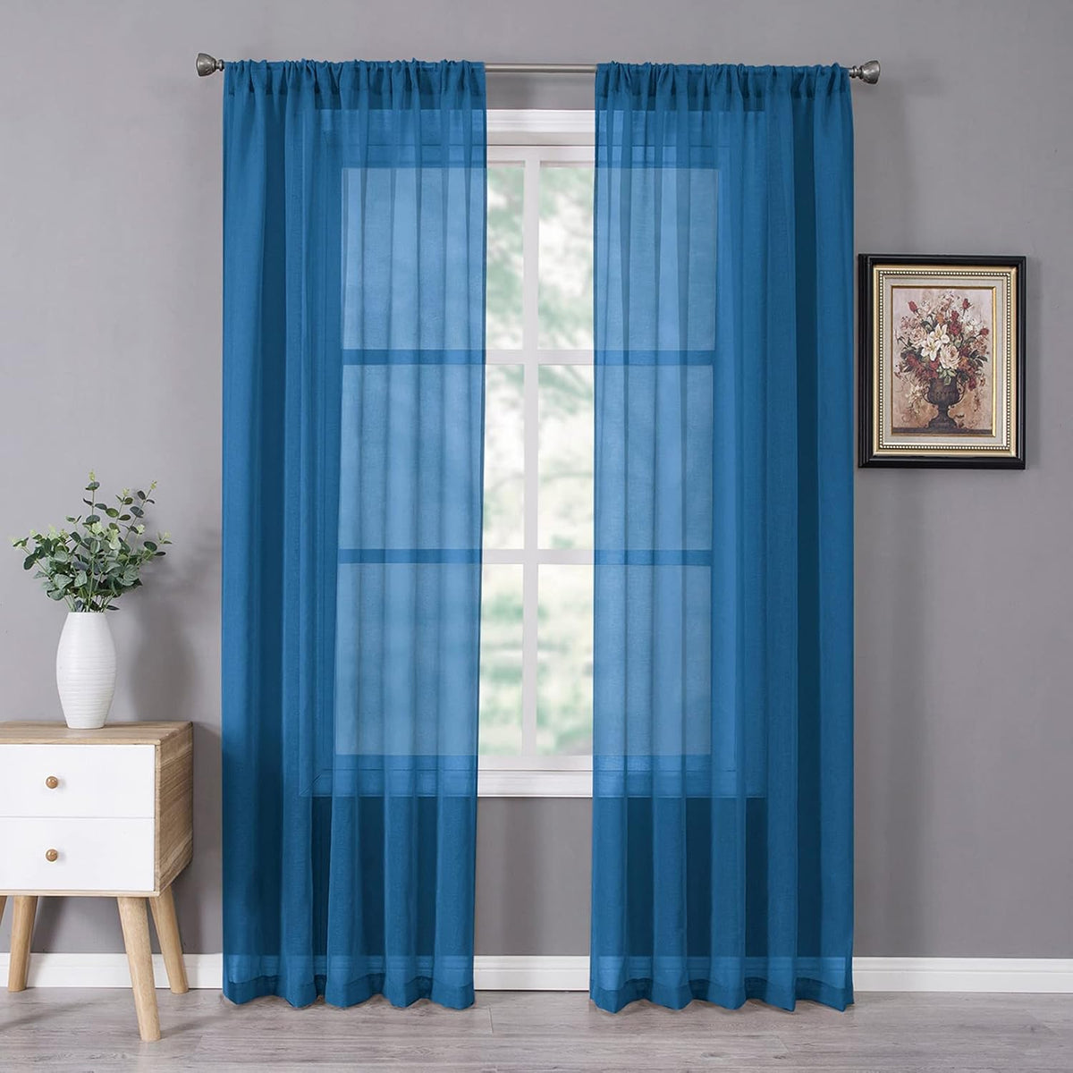 Tollpiz Sheer Curtains Bedroom Linen Textured Curtain Sheers Light Filtering Voile Rod Pocket Curtains for Living Room, 38 x 84 inches Long, Classic Blue, Set of 2 Panels