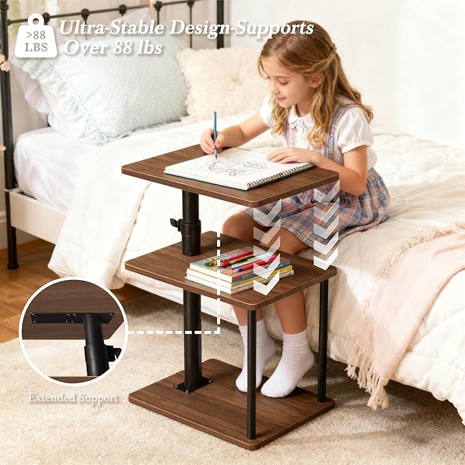 Swivel Side Table for Couch Arm, Height Adjustable C Shaped End Table for Recliner or Bed, Tv Trays with Storage Shelf for Small Spaces- Small Nightstand for Living Room, Bedroom