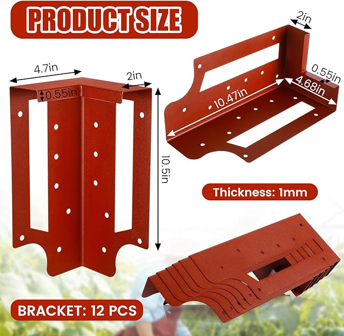 MorningRo 12 Pack Raised Garden Bed Corner Brackets with Securing Lip Fits Lumber up to 2" x 12" Metal Garden Corner Bracket for Wood Frame Bed 4.7" L x 2" W x 10.5" H (Sand Red)