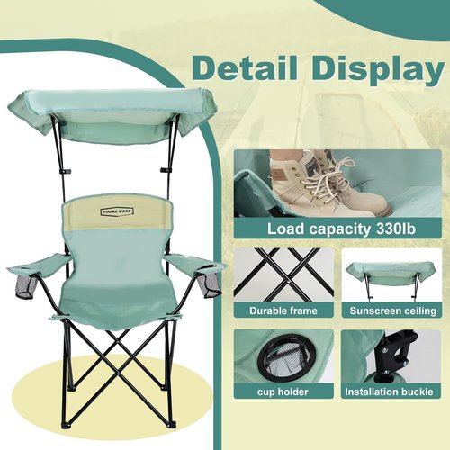 YOUNG WOOD Portable Camping Chair Beach Chair with Shade Canopy, Fold Lightweight Oversized for All, Easy to Open and Close Without Installation, Side Pocket Design for All Outdoor Activities，Blue
