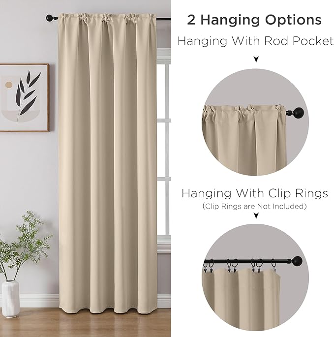 CUCRAF Light Beige Blackout Curtains 63 inch Length 2 Panels Set, Rod Pocket