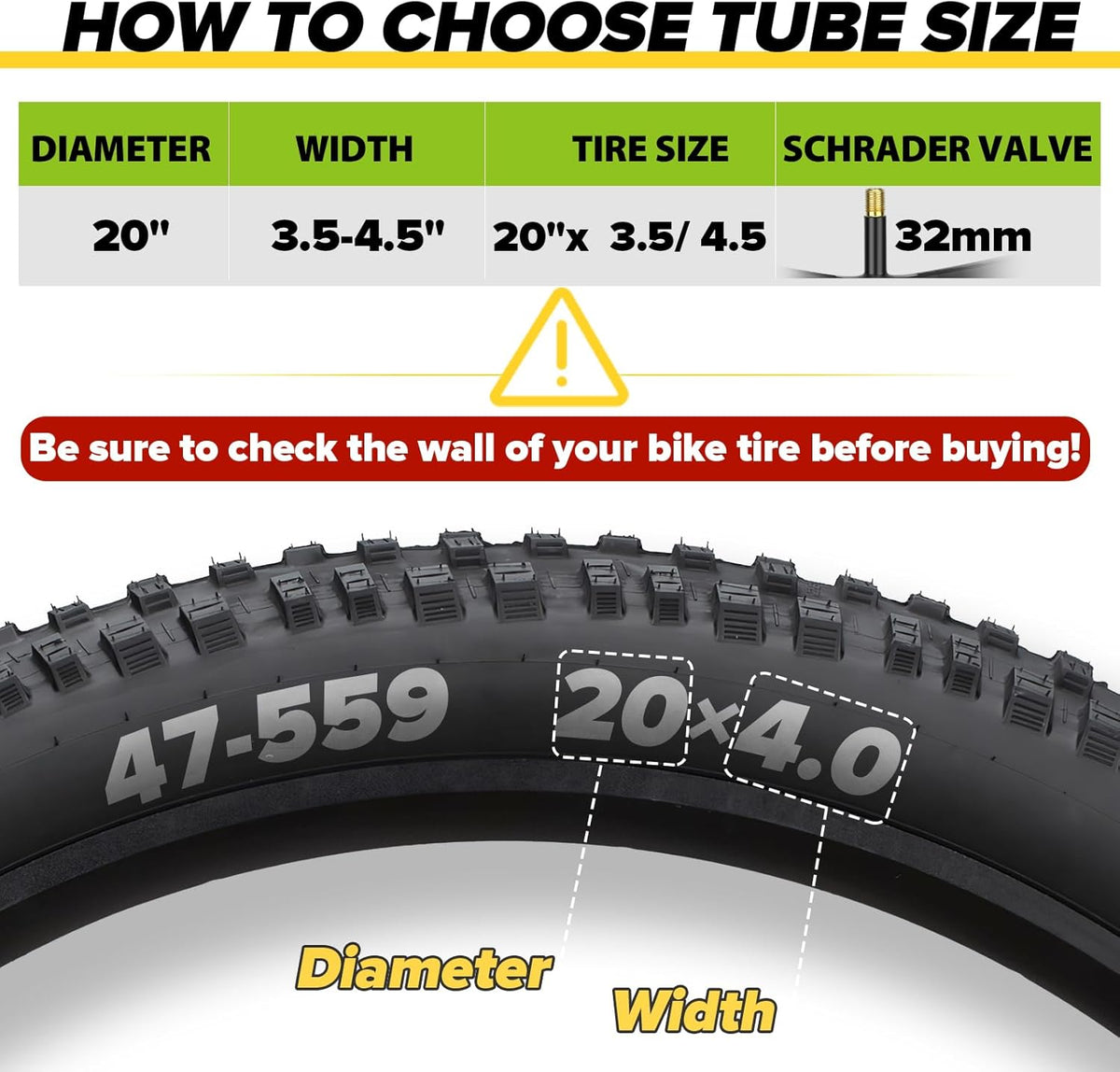 Skiennix Fat Bike Tube - Premium Butyl Rubber with AV 32mm Schrader Valve | 20" & 26" Sizes Available