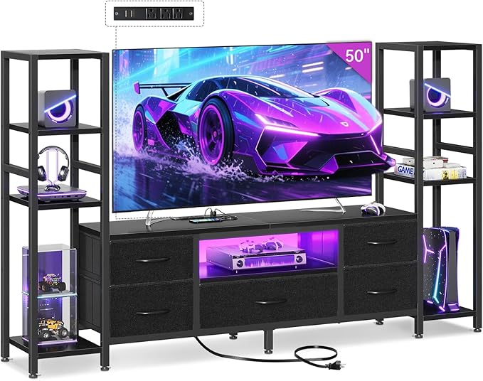 Casaottima TV Stand for 40/50/55 Inch TV, Low-Profile Entertainment Center with LED Lights & Power Outlets, TV Stand with Drawers & Open Shelves for Storage for Small Spaces/Living Room/Gaming, Black