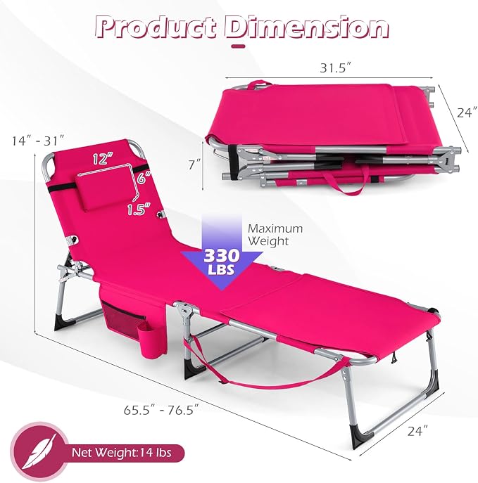 GYMAX Tanning Chair, 3 in 1 Sun Bathing Lounge Chairs with Face/Arm Holes & Side Pocket, Portable Lightweight Face Down Layout Tanning Chair for Outside, Beach, Backyard, Poolside (2, Pink)