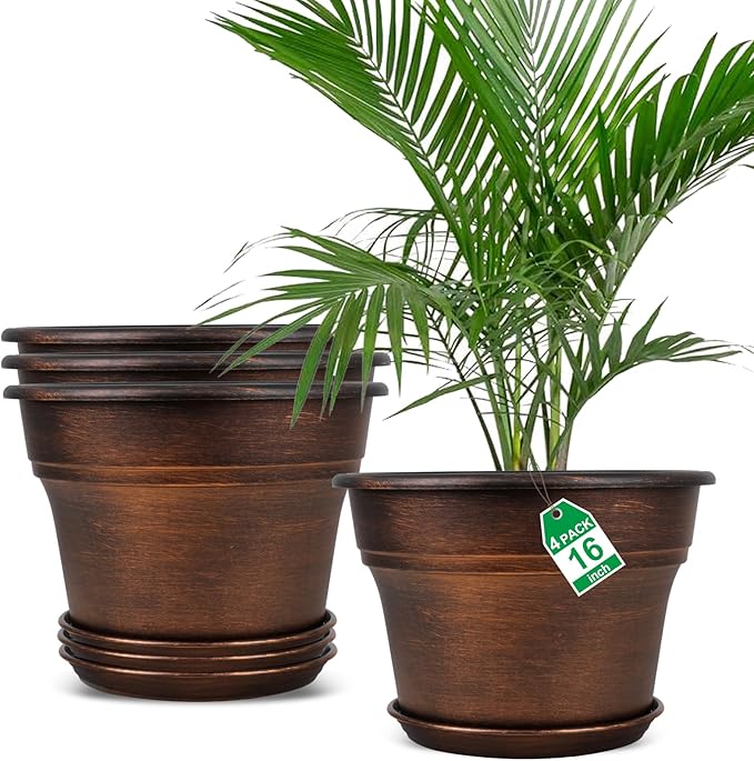 Plant Planters Pots Set of 4 Pack 16 Inch，Large Plastic Flower Pot for Indoor Plants with Drainage Holes & Trays, Resin Decorative Container Sets with Saucer for House Outdoor Garden Plant Copper