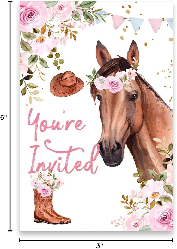 Soiceu Floral Horse Birthday Party Invitations with Envelopes Set of 20 Girl Saddle Up Watercolor Cowgirl Horse Invitations Invites Fill in Blank