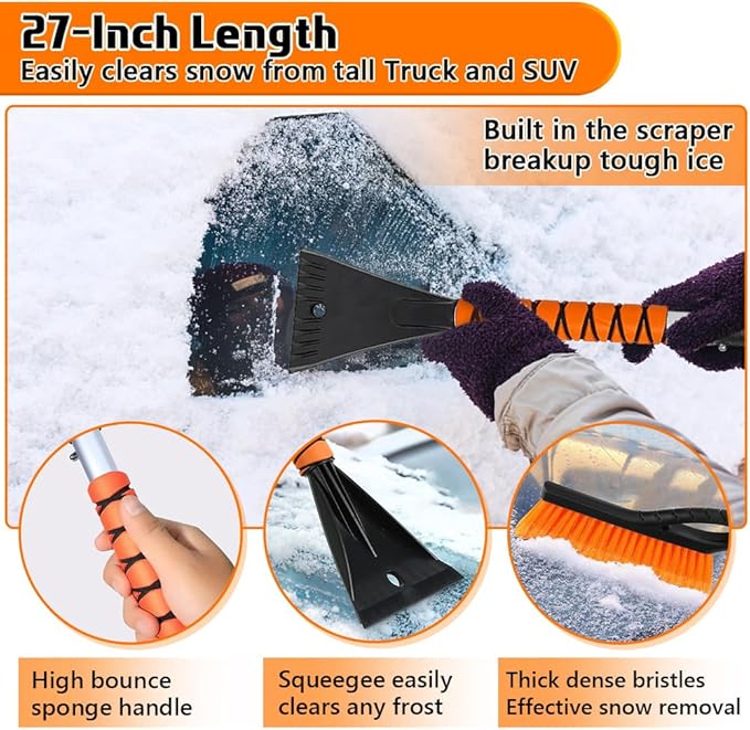Snow Brush & Ice Scraper, 27 Inch, Ice Scrapers for Car Windshield, Detachable Snow Removal Tool with Ergonomic Foam Grip for Cars Trucks Suvs (Heavy Duty Abs, PVC Brush)