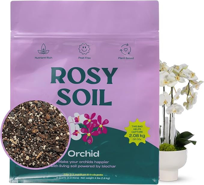 Rosy Soil Orchid Potting Mix - Biochar & Mycorrhizae Blend, Peat-Free Orchid Soil for Repotting, Phalaenopsis, Cattleya, Dendrobium - Ideal for Indoor Gardening - 4 Quarts