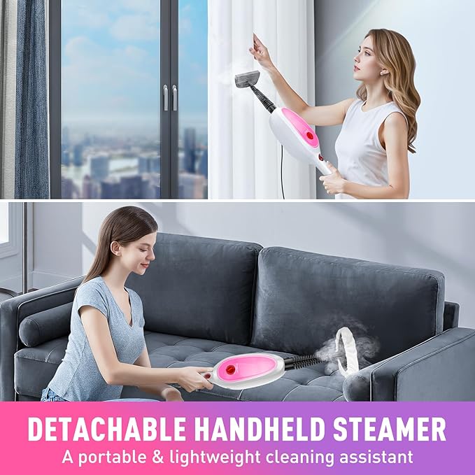 Steam Mop, Detachable Handheld Steam Cleaner with 10-in-1 Multipurpose Accessories, Two-sided Mop, Double Cleaning Area, Multi Surfaces Steamer for Wood Floor, Tile, Window, Clothes, Furniture & Grout