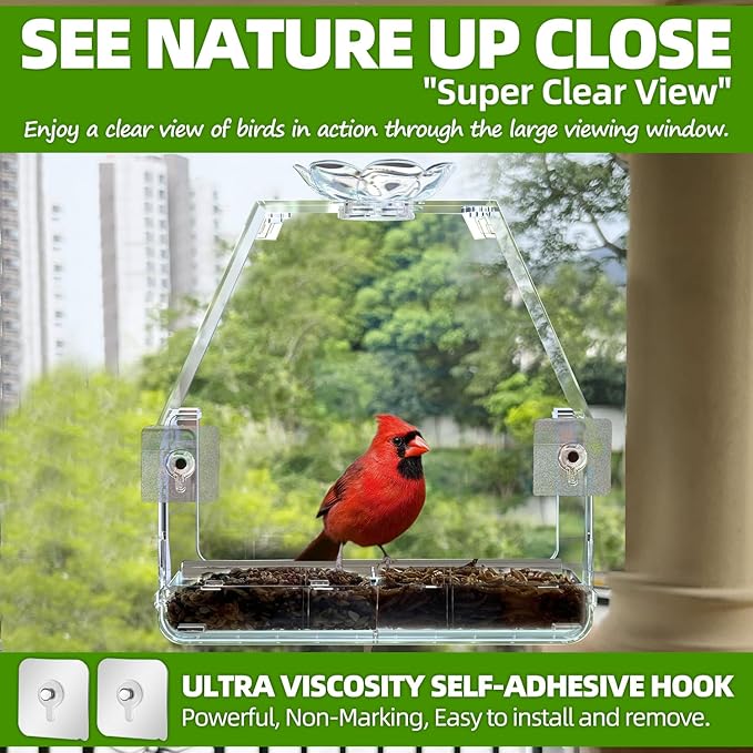 WENMIXER Window Bird Feeder with Non-Marking Self-Adhesive Hooks, Clear and Transparent, Outdoor Wild Bird Watching Gift, Garden Decor (with Large Window)