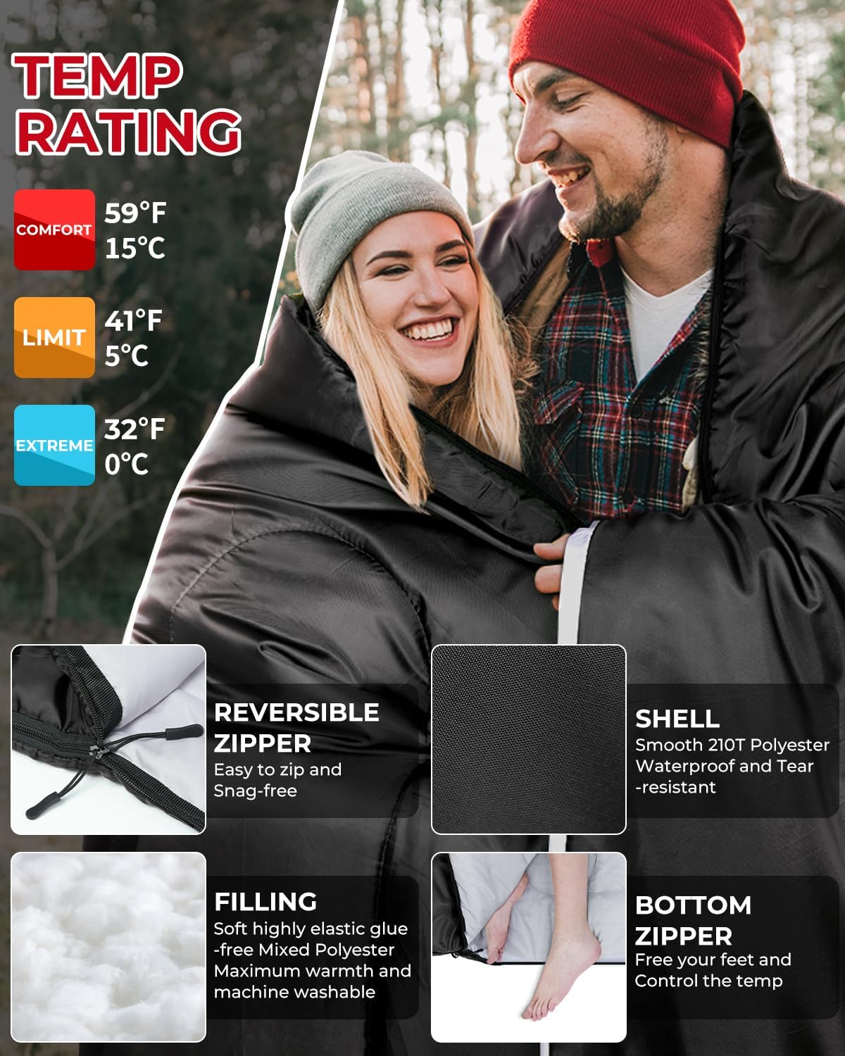 Queen Size Ohuhu Double Sleeping Bag for 2 - 3 Season Waterproof Camping with 2 Pillows, 87'' x 60''