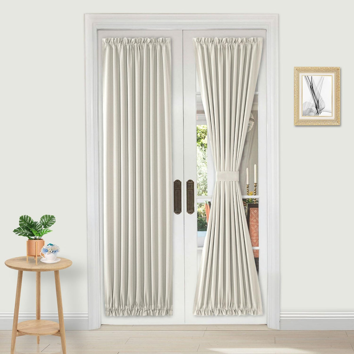 DWCN French Door Curtains – Rod Pocket Thermal Blackout Curtain for Doors with Glass Window, Kitchen and Patio Doors for Privacy, 25 X 80 Inches Long, 1 Curtain Panel with Tieback, Ivory