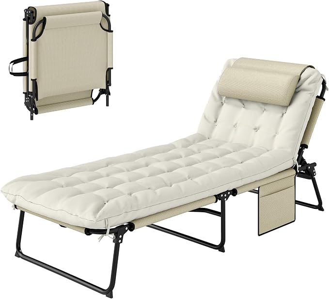 Outsunny Folding Chaise Lounge with 4-Level Reclining Back, Outdoor Tanning Chair with Cushion, Outdoor Lounge Chair with Breathable Mesh Fabric, Side Pocket, Headrest, Beige