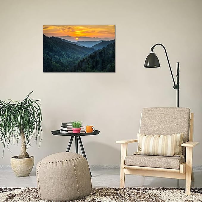 Forest Sunrise Wall Art Decor Great Smoky Mountains Photo Prints National Park Landscape Canvas Painting Artwork Framed for Bedroom Living Room (28x44 inch)