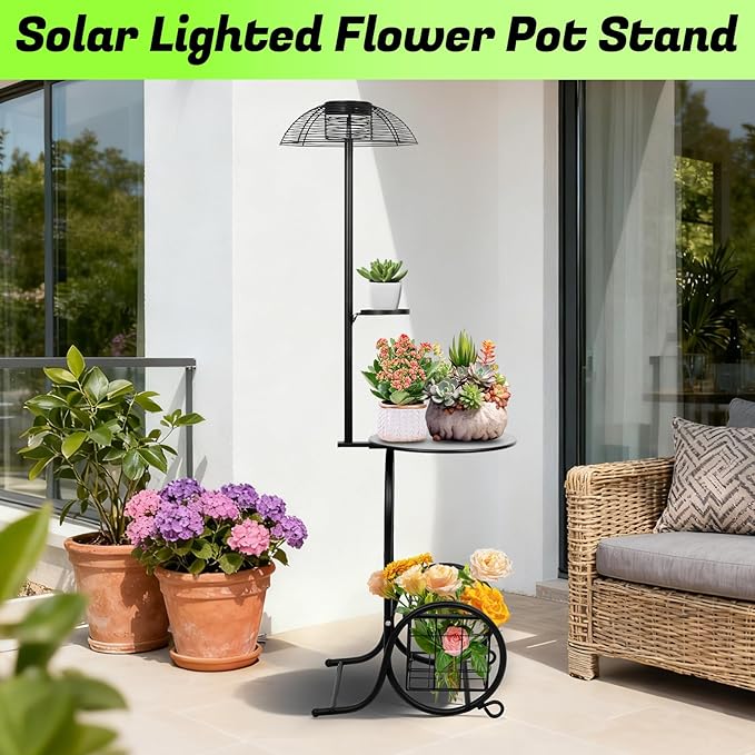 Solar Outdoor Side Table with Light, 52.5'' Waterproof Metal Patio End Table, Solar Powered Accent Table with Auto Light ON/OFF & USB Charging, Pefect for Porch Backyard Poolside Balcony, Black
