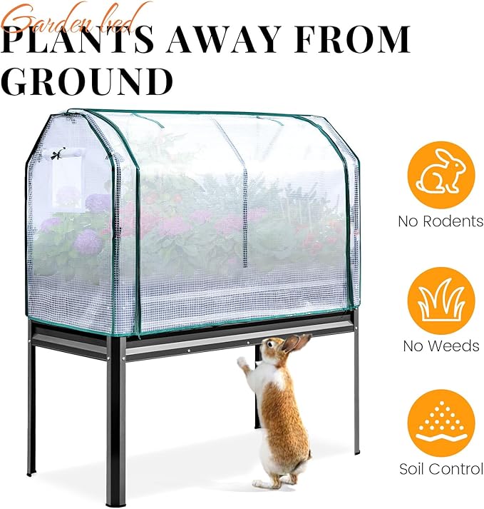 KING BIRD Large Raised Garden Bed with Cover & Netting Galvanized Elevated Planter Box with Legs 48×24×56 in for Backyard, Patio, Balcony, 400lb Capacity, Dark Grey