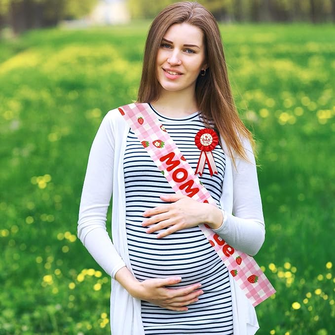 5 Pcs Strawberry Baby Shower Set Sash, Badges, Banner for Gender Reveal, Maternity Party & Pregnancy Celebration