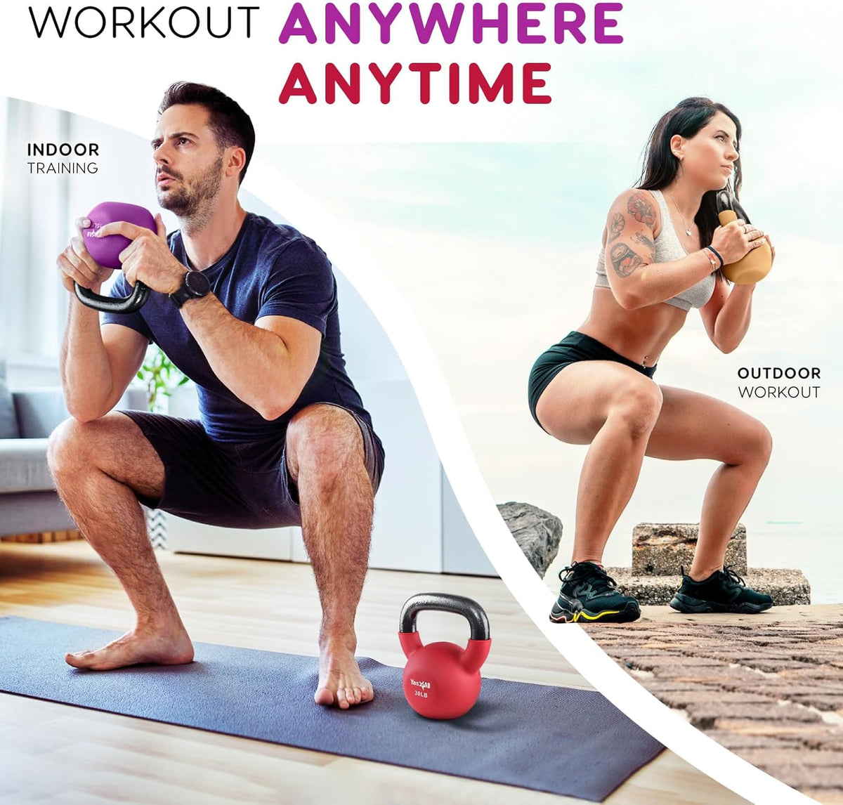 Yes4All Kettlebell - Neoprene Coated Cast Iron for Home Gym | 5-65 LB with Wide Grip Handle & Flat Bottom