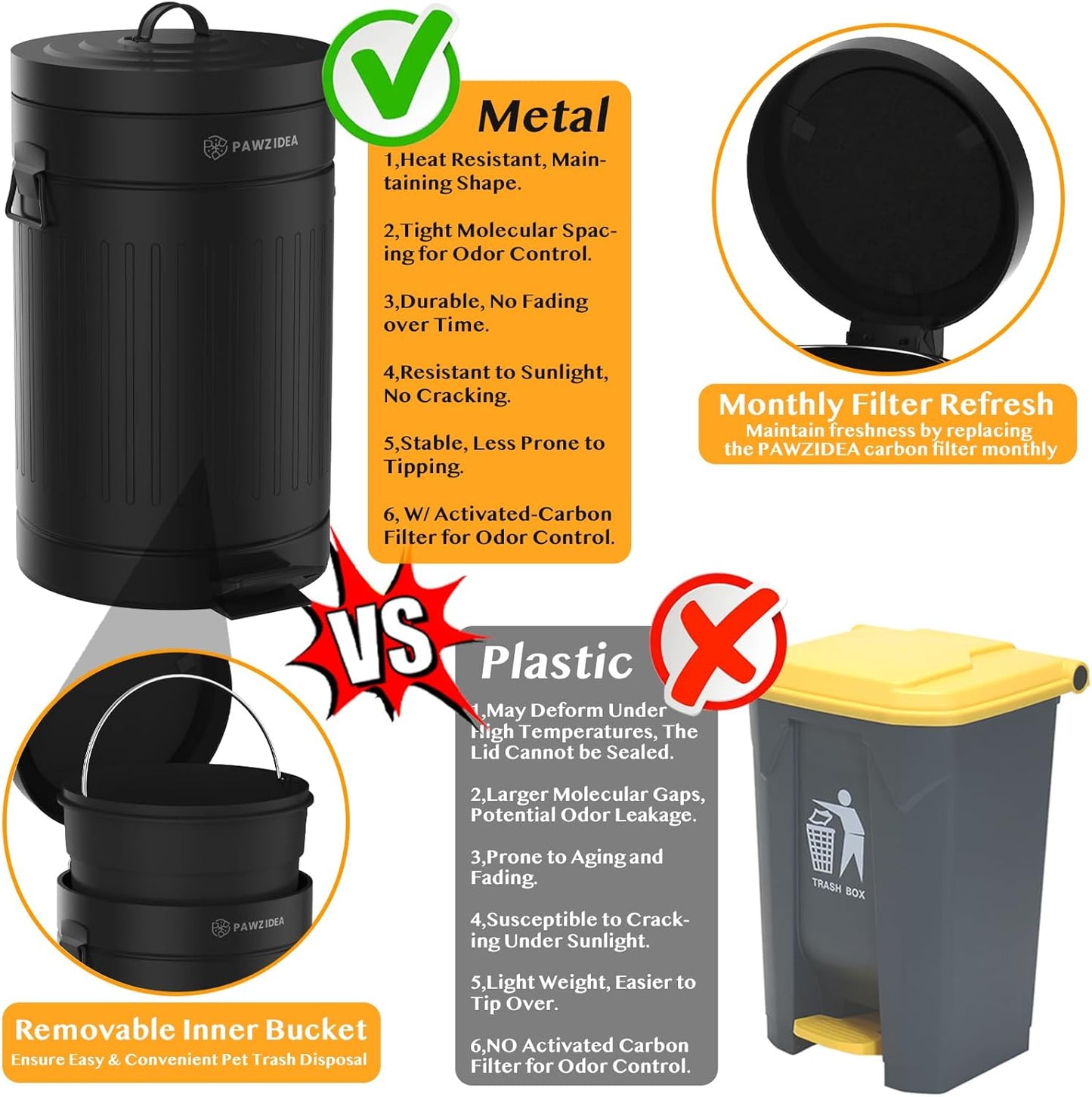 PAWZIDEA Dog Poop Trash Can Outside Odor Control, 3.1 Gallon Outdoor Trash Can with Lid, Waterproof Pet Waste Disposal Container, Small Poop Bin Step Garbage Can, 7.8in Activated Carbon Filter, Black