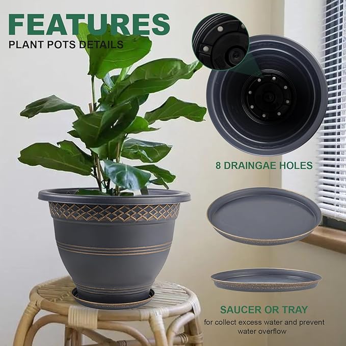 4 Pack 12 Inch Large Plant Pots, Plastic Flower Pot for Indoor & Outdoor with Drainage Holes & Saucer, Plaid Pattern Planters Garden Pots for Herbs