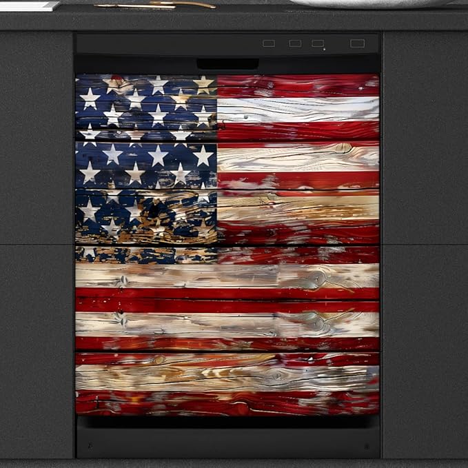 Dishwasher Magnet Cover Old Wooden American Flag Reusable Dishwasher Magnetic Cover Sticker Decorative Dish Washer Door Cover Panel for Home Kitcen Appliance