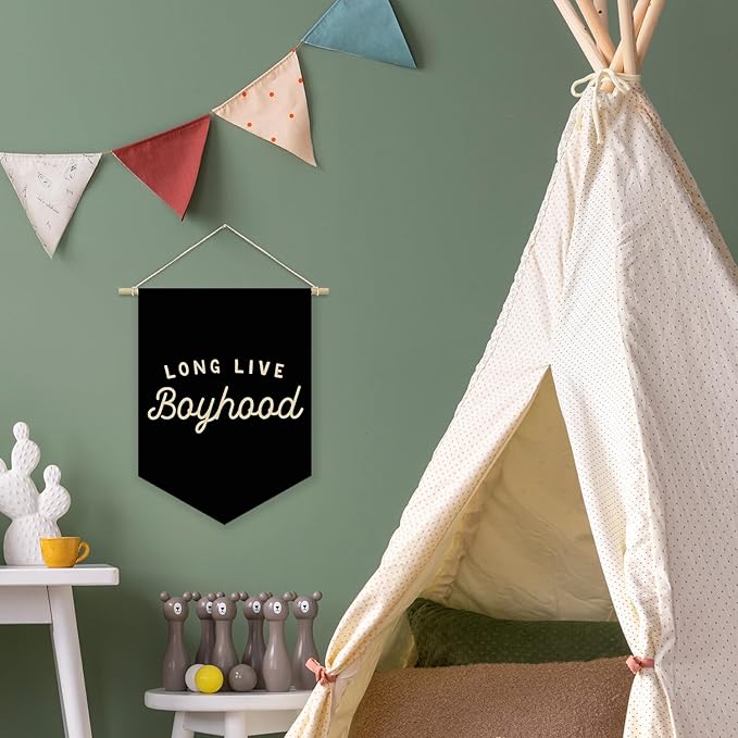 Boy Room Decor,Long Live Boyhood Black Canvas Banner Nursery Playroom Wall Decor for Boys Bedroom Toddler Decorations Teen Boy Room Decor,Playroom Decor Wall Hanging Flag 15x11 Inch