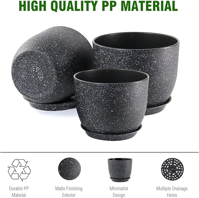 Large Flower Pots 12/10/9 inch, Set of 3 Modern Decorative Plastic Planters with Drainage Holes and Saucers for Garden House Plants, Plant Pots for Indoor Outdoor Plants, Speckled White