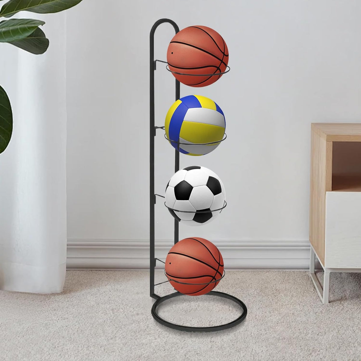 Skiennix 4-Tier Ball Storage Rack - Heavy-Duty Carbon Steel Holder for Basketball & Football | Multi-Purpose Vertical Design