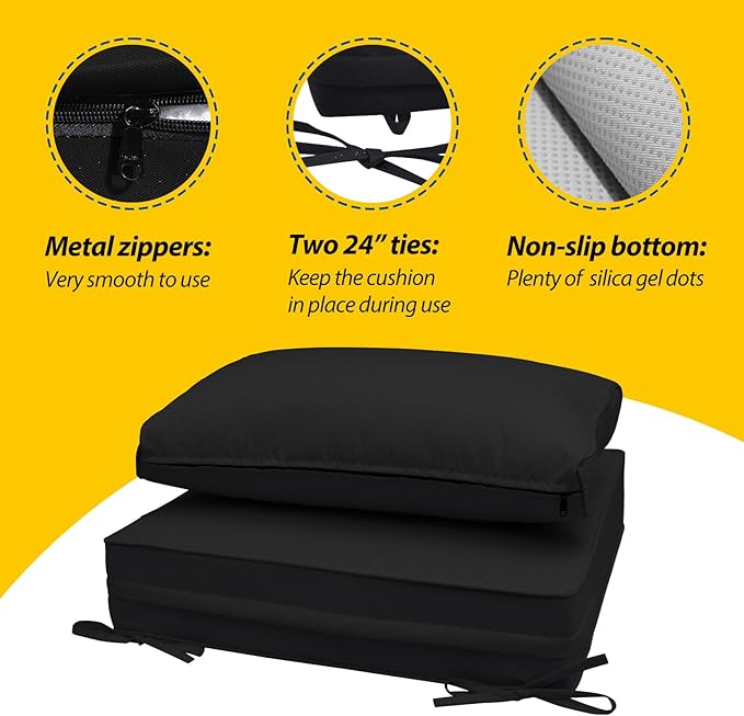 AAAAAcessories Outdoor Seat Cushions for Chairs, Fade-Resistant, Waterproof Patio Furniture Replacement Cushions, 23" x 23" x 5" + 23" x 13.5", Charcoal Black