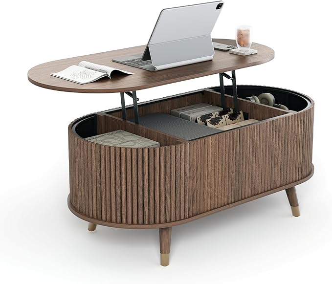 42.5" Oval Lift Top Coffee Table with Storage, Mid Century Modern Walnut Center Table with Fluted Design, Pop Up Coffee Table for Living Room,Solid Wood Legs & Hidden Compartment,