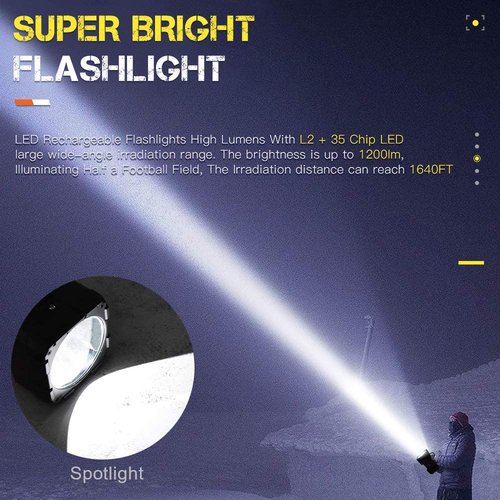 LETOUR LED Spotlight Flashlight,Rechargeable Flashlight 200000L10000mAh High-Powered Searchlight Camping 3+4 Lights Modes LED Handheld Spotlight Waterproof